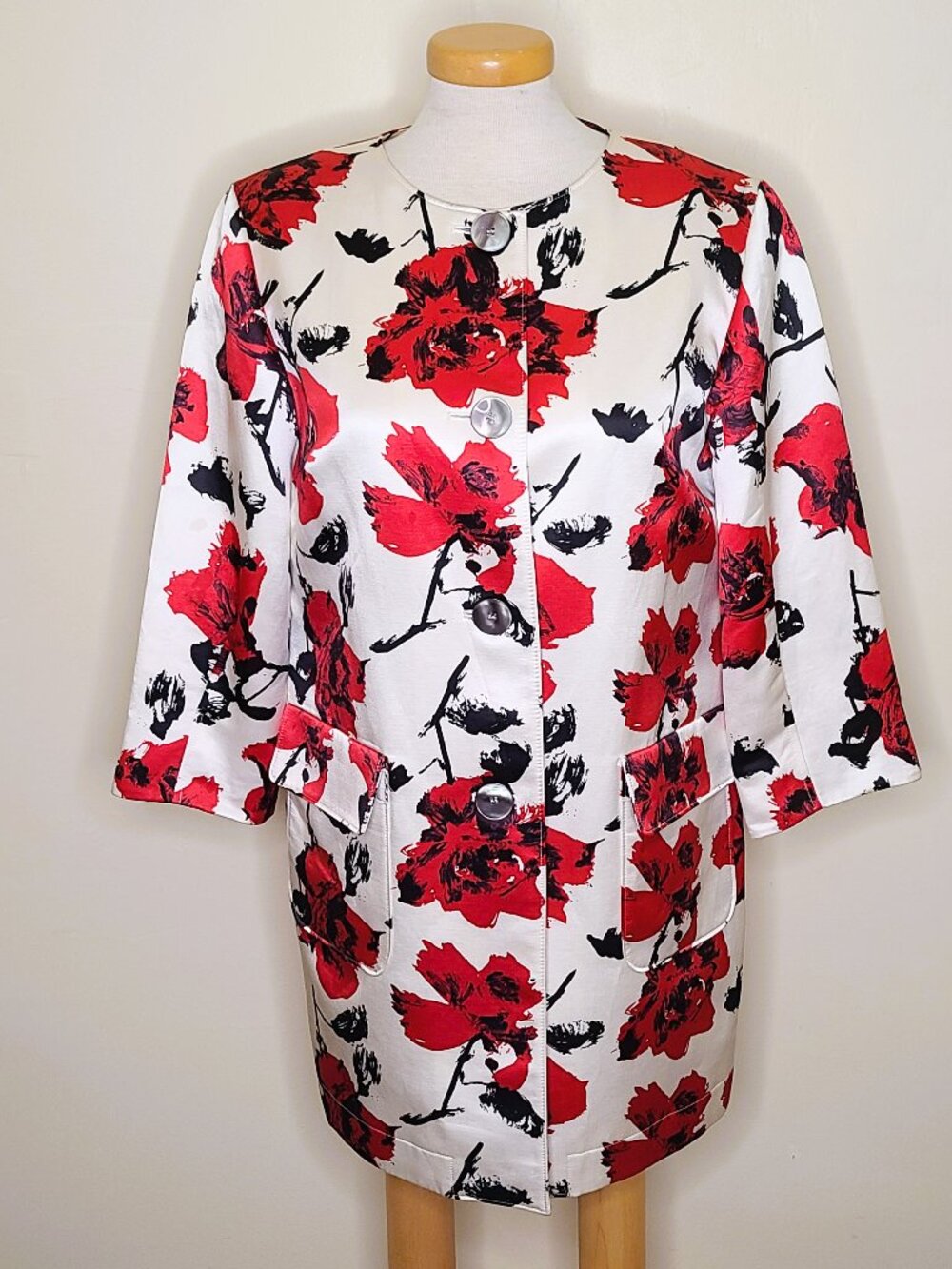 Jones New York Collection Red/Cream/Black Lined Floral Silk Long Jacket/Coat - M